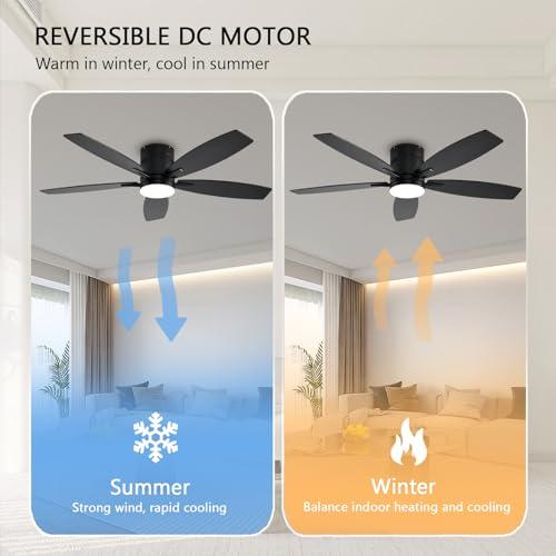 Ceiling Fans with Lights, 52 Low Profile Indoor Ceiling Fan with Light and Remote Control, Dimmable, Noiseless, Reversible, Black Ceiling Fan for Bedroom, Indoor/Outdoor Use