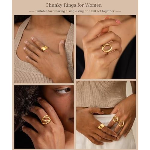 ZOERAY Chunky Gold Rings for Women Non Tarnish Stackable Statement Ring | 14K Gold Plated, Stacking Thumb Ring Set, Signet Open Twist Dome Band Rings, Gold Jewelry Gifts for Women, Size 5 6 7 8 9 10