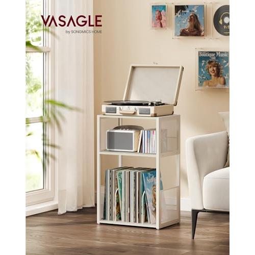 VASAGLE 3-Tier Record Player Stand, Vinyl Record Storage up to 100 Albums