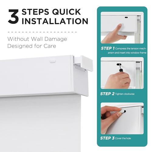 Joydeco No Drill Blackout Shades, Free-Stop Cordless Roller Shades, UV Protection, Thermal Insulated Blinds for Indoor Windows, Easy Install Window Blinds for Home and Office (White, 46 W X 75 H)