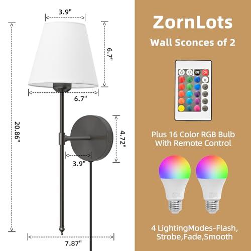 Plug in Wall Sconces Set of Two, Dimmable Wall Sconces White Fabric Shade with Remote Control,Wall Lamp with 6FT Plug in Cord,16 Colors Modes Wall Light for Bedroom Living Room,Black