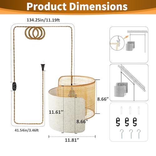 Boho Plug in Pendant Light, Stepless Dimmable Boho Chandelier with Bamboo Woven & Linen Fabric Shade, 11.2ft Plug-in Hanging Lamp Fixture for Hallway Kitchen Island Dining Room Bedroom(Not Bulb)