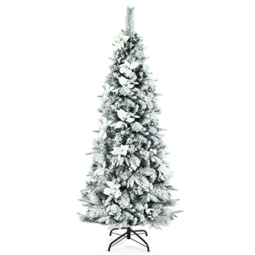 HappyGrill 6FT Skinny Pencil Christmas Tree with White Berries & Flowers, Hinged Artificial Tree with Metal Stand for Indoor/Outdoor