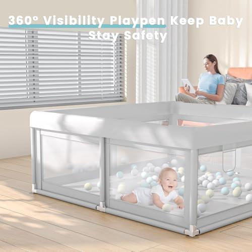 Hiaksedt Baby Playpen 50x50 Inch, Play Pens for Babies and Toddlers | Baby Fence for Indoor & Outdoor, Sturdy Safety Play Yard with Soft Breathable Mesh, Anti-Fall, Grey