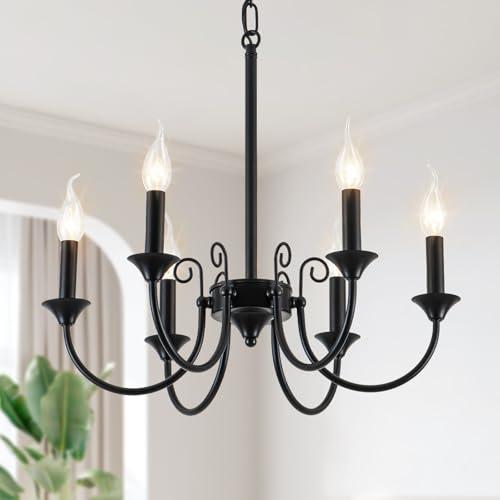 Black Farmhouse Chandelier, 6-Light Black Chandelier Light Fixture for Dining Room, Rustic Industrial Pendant Ceiling Light Fixture Candle Chandelier for Living Room Kitchen Island