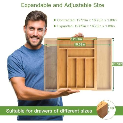 Pipishell Bamboo Expandable Silverware Drawer Organizer, Adjustable Kitchen Utensil Tray for Forks, Spoons and Knives, Wood Storage Cutlery Holder for Bedroom and Living Room