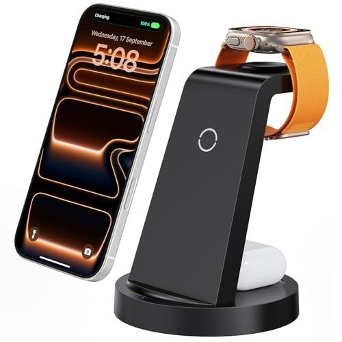 Anlmz 3 in 1 Charging Station - Wireless Charger for Apple Multiple Devices | Fast Charge Stand for iPhone 17-8 iWatch Airpods 4 3 Pro No Tangled Cables Ideal for Desk Bedside with 18W Adapter Black