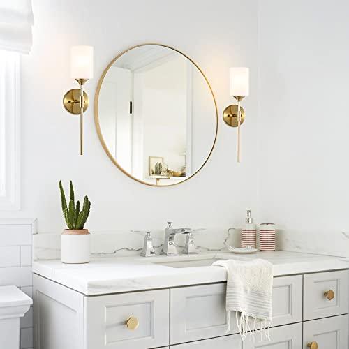 Gold Wall Sconce Set of 2 with White Cylinder Glass Shades Modern Mid Century Bathroom Vanity Wall Light Fixtures Industrial Brushed Brass Wall Lamp for Bedroom Mirror Living Room Restaurant