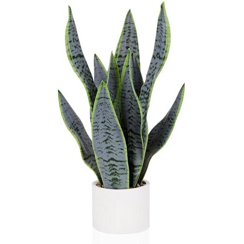 21.5 Artificial Snake Plant Faux Sansevieria Plants Tropical Fake Plants in White Pot Greenery Plant Perfect for Home Office Living Room Housewarming Gifts Indoor Outdoor Decor-Green