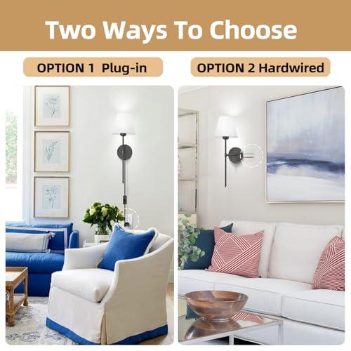 Plug in Wall Sconces Set of Two, Dimmable Wall Sconces White Fabric Shade with Remote Control,Wall Lamp with 6FT Plug in Cord,16 Colors Modes Wall Light for Bedroom Living Room,Black