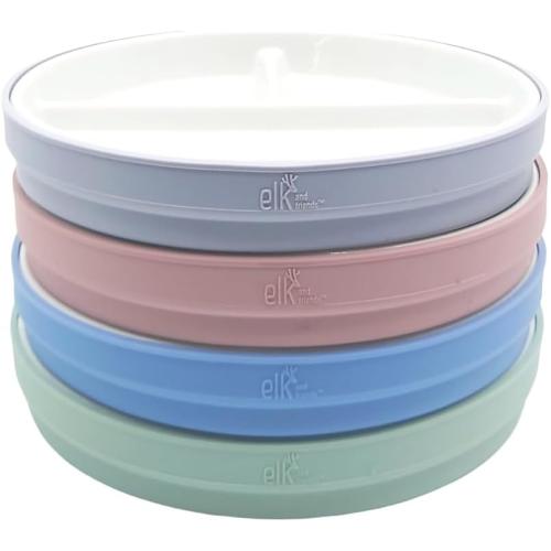 6.7” Elk and Friends Kids Porcelain Divided Plates with Silicone Sleeves | Suitable for Babies/Kids/Toddlers | Microwave & Dishwasher Safe | Non Slip | Snack Dishes