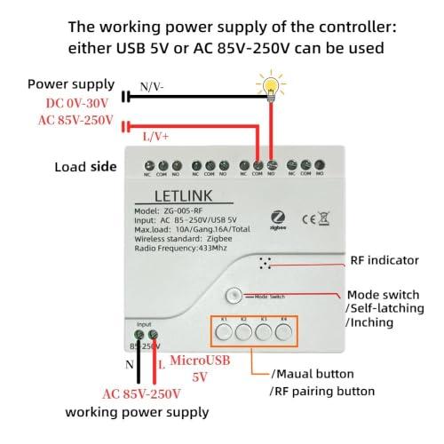 4 Channel Zigbee Smart Relay Switch,Smart Life/Tuya APP Remote Control,With Inching/Self-Lock/Interlock modle,Works with Tuya Zigbee Gateway (4CH Micro-Usb 5V/AC 110V)