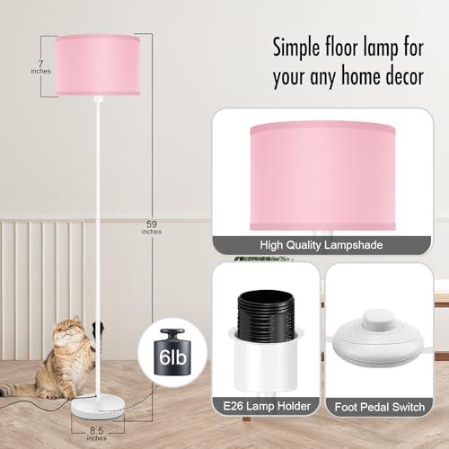 White and Pink Floor Lamp, Standing Lamp, Short Floor Lamps with Pink Lampshade, 59 Tall Lamps for Bedroom, Foot Switch, Simple Corner Pole Lamp for Kids Room, Girls Room, Living Rooms, Office(NO Bulb, E26 Base)
