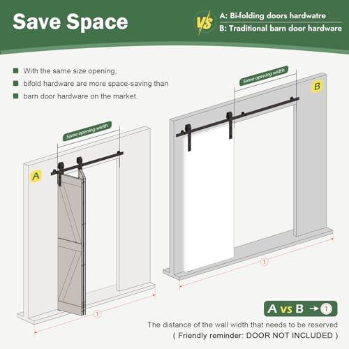 52 Bifold Sliding Barn Door Hardware Track Kit,Side Mounted Black J Shape Roller,Smoothly and Quietly,Assembly Easy,Fit Four 12 Bi-Folding Doors (Door Not Included)