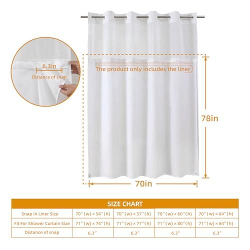 eachope 1 Pack Extra Long Fabric Snap-in Shower Curtain Liner Replacement,Compatible with No Hook Shower Curtain with Snap in Liner, Removable & Water-Repellent,Machine Washable,70x78,White