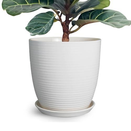 12 Inch Ceramic Planter Pot, Large Planter with Drainage Hole and Saucer Round Flower Pot for Indoor Outdoor Plants, White