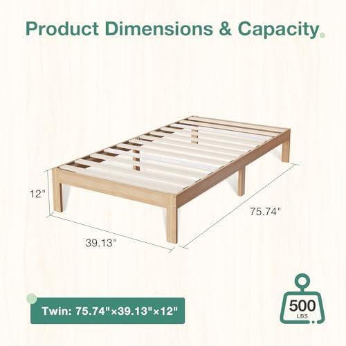 Novilla 12 Inch Wooden Twin Bed Frame, Classic Solid Wood Platform Bed Frame Twin Size, Sturdy Wood Slat Support, No Box Spring Needed, Easy Assembly