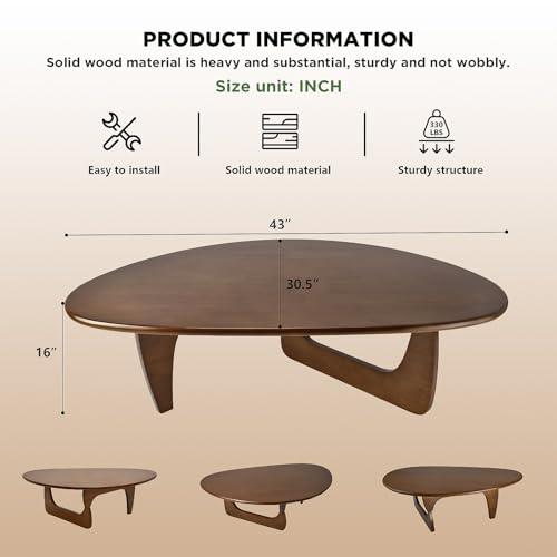 Triangle Coffee Table for Living Room with Mid-Century Soild Wood Base, Modern Atypical Top for Study Room Office Hotel Balcony Accent Walnut 43 L x 31 W x 16 H