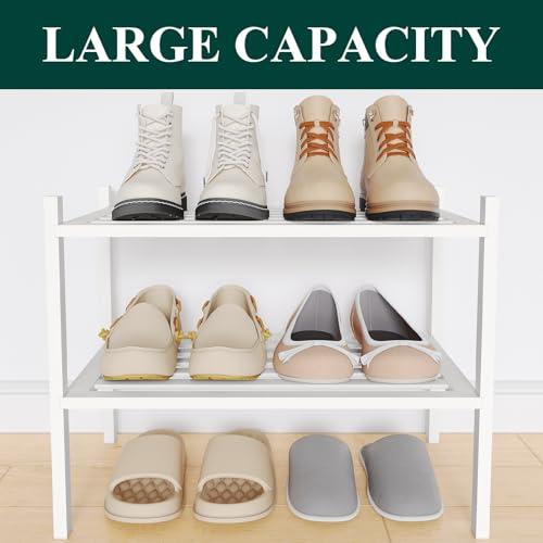 Smiry Bamboo Shoe Rack, 5 Horizontal Slats, 2 Tier - 17.3 Wide, White