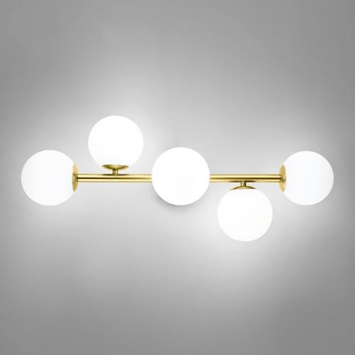 Mid Century Modern Bathroom Vanity Lights, 5-Light Bathroom Light Fixtures Brass Gold Bathroom Lights Semi-Flush Mount Ceiling Light, Gold Wall Sconce Wall Light with Globe Frosted Milk Glass, G9 Base
