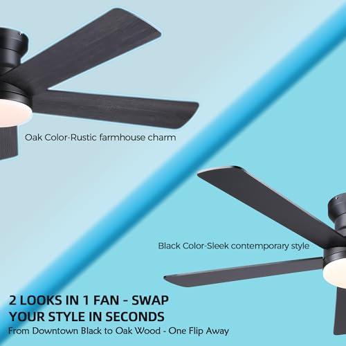 Ayaoty Ceiling Fans with Lights - 48 Black Flush Mount Ceiling Fan Light with 6 Speeds 3CCT Dimmable, Revesible Motor, Low Profile Fan Light for Modern Indoor Bedroom, Kitchen
