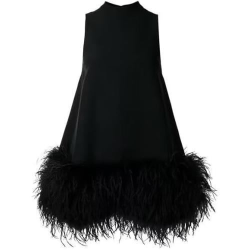 Size M PY-05 Women's Fluffy Ostrich Feather Hem Short Mini Dress Summer Sleeveless Turtleneck Loose fit Dresses
