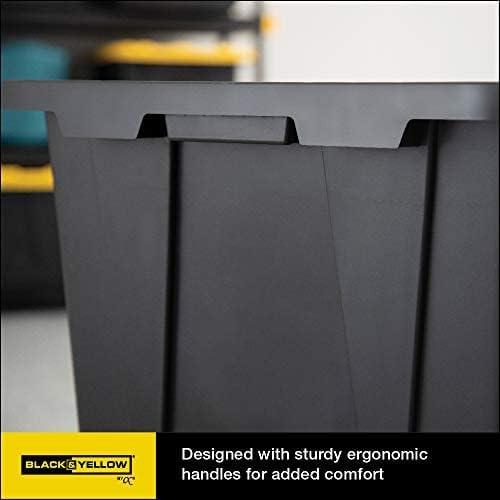 CX BLACK & YELLOW, 27-Gallon Heavy Duty Tough Storage Container & Snap-Tight Lid, (14.3H x 20.6W x 30.6D), Weather-Resistant Design and Stackable Organization Tote [4 Pack] - 1 cover missing, 3 covers damage