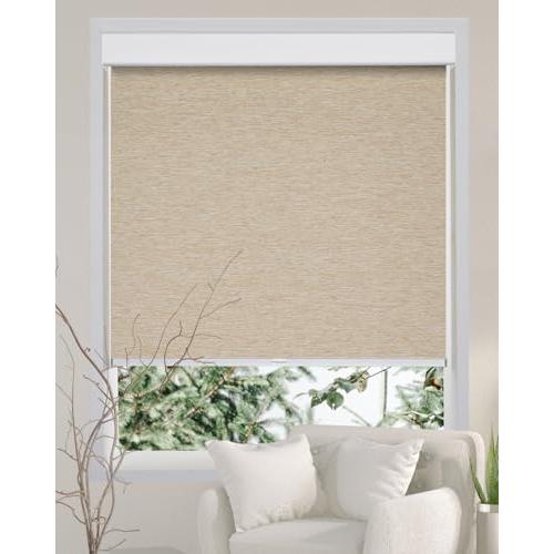 Persilux Free-Stop Cordless 100% Blackout Roller Window Shades for Home, Natural Woven Fabric UV Protection Privacy Roller Shades for Indoor Windows Blinds for Sliding Glass Doors, Khaki 24W x 72H