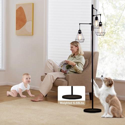 69 Industrial Tree Floor Lamp with Stepless Dimming - Adjustable Cage Shades & weighted Base, Vintage Dimmable Standing Light for Living Room/Office, 3x Edison Bulbs Included (Farmhouse Rustic)