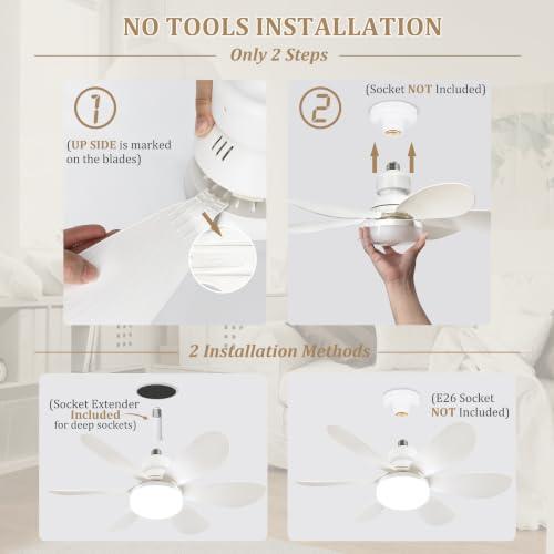 20.5Socket Fan Light with Remote,E26 Base 40W/3000-6000K Dimming | Portable Small Screw in Ceiling Fan with Light Bulb for Bedroom,Kitchen,Garage,3Color Modes,1900LM 8-Level Dimming Brightness