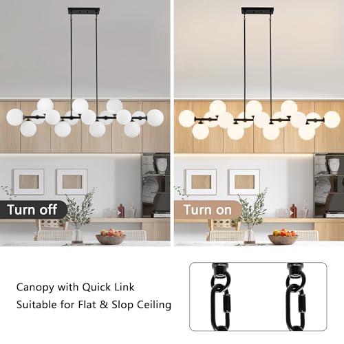 Black 55 x 11.8 x 82.6 Linear Chandeliers for Dining Room, 55in Large Modern Globe Chandelier 16-Light Large Pendant Lights Kitchen Island Lighting with Milk White Glass Sputnik Chandelier Bubble Sputnik Light Fixture