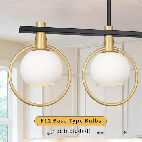 Color Gold Black Chandelier Modern Dining Room Light Fixture 4-Light Kitchen Island Lighting Hanging for Farmhouse Linear Chandeliers Mid Century Chandelier with Milk Glass Globe Shade