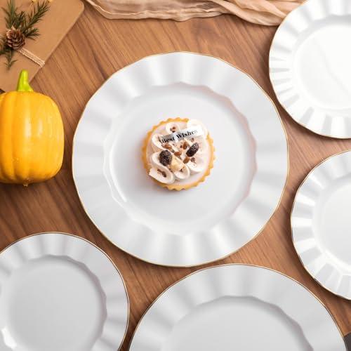 HIGH END 100 Pcs White Wave Plastic Plates with Gold Trim