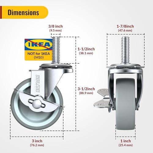 HOLKIE Stem Casters Wheels Set of 4 Standard US 3/8-16 x 1-1/2 with Brake