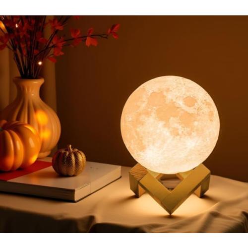 Mydethun Moon Lamp, 3D Printed LED Night Light with 4.7 Inch Wooden Base - Gift for Women, Mood Lighting with Touch Control Brightness for Fall Décor, Bedroom, Birthday- White & Yellow