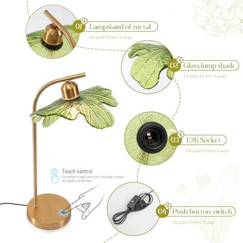 Glass Table Lamps Mid Century Modern Table lamp Gold Desk lamp tall table lamp nightstand lamp touch Table lamp with Green Flower Design Bedside Table Lamp for end table Bedroom Living Room Office