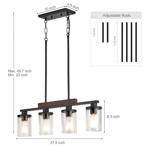 Wood Kitchen Island Lighting,4-Light Farmhouse Dining Room Light Fixture Matte Black Modern Chandeliers for Dining Room Over Table Hanging Pendant Light with Glass Shade for Bar Restaurant