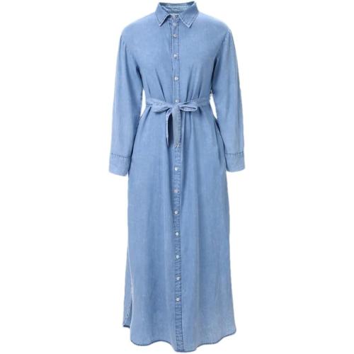 Size XS Vogrtcc Women’S Belted Blouse Denim Dress Pullover Turn-Down Collar Ankle-Length Long Sleeve A-Line Dresses