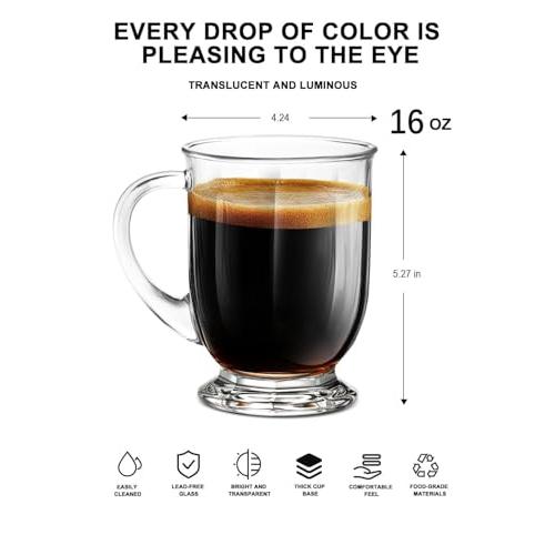 Clear Glass Coffee Mugs Set of 4, Diner Mugs16 OZ, Large Glass Beer Cups with Handle,Bottom Nine-Sided Mug for Men and Women Hot Beverages,Tea, Cappuccino, Latte, Espresso, Juice Mothers‼️one missing‼️