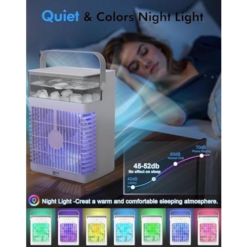 Portable Air Conditioners, Air Cooler Evaporative Personal Mini AC, 3 Wind Speed, 2-4-8H Timer, 3 Modes, Colorful Night Light, Portable AC for Room, Car, Bedroom, Camping