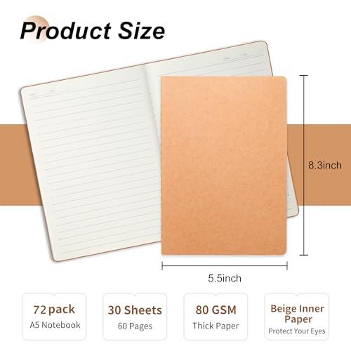 miikoul 72 Pack A5 Kraft Paper Notebook Lined Journal Bulk, 8.3 X 5.5 Inch, 60 Pages/30 Sheets, 80gsm, Travel Notebook Notepad for Adult, Students, Gift, Office, Back to School Supplies