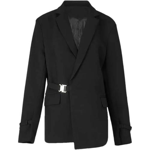 Large Women Black Blazer Metal Buckle Casual Irregular Lapel Long Sleeve Jacket Loose Coat