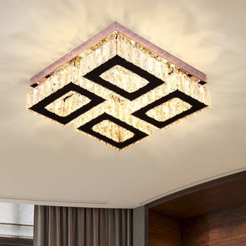 13.1''Square Crystal Chandelier Modern Crystal Ceiling Light Flush Mount Ceiling Lamps for Dining Room Living Room Bedroom Hallway (Warm)