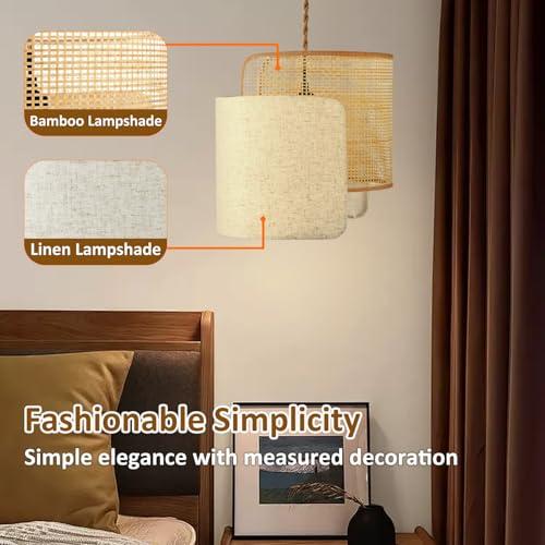 Boho Plug in Pendant Light, Stepless Dimmable Boho Chandelier with Bamboo Woven & Linen Fabric Shade, 11.2ft Plug-in Hanging Lamp Fixture for Hallway Kitchen Island Dining Room Bedroom(Not Bulb)