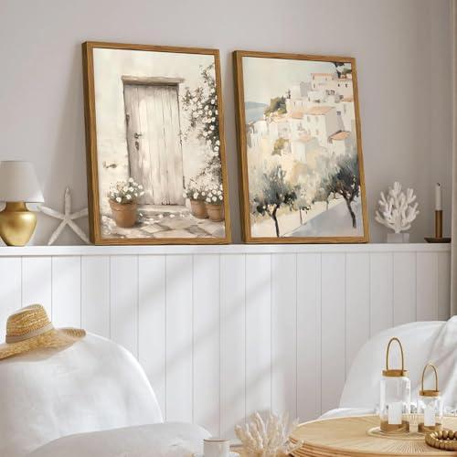 Framed Vintage Italian Wall Art Set of 3, Rustic Neutral Olive Tree Pictures Wall Decor, Mediterranean Farmhouse Landscape Paintings Canvas Prints Country Home Decor for Living Room Bedroom 16x24 inch