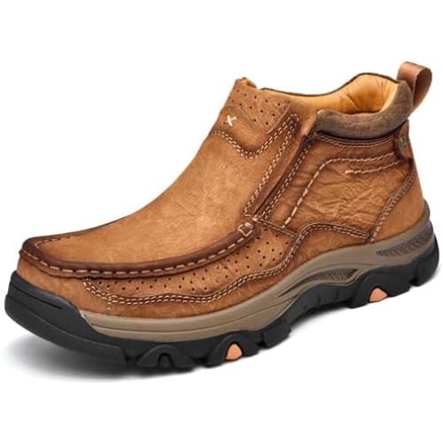 Size/15 Tokouk Mens Hand Stitching Leather Slip On Ankle Boots, Casual Moccasin Chukka Boots Non-Slip Outdoor Hiking and Driving Loafers