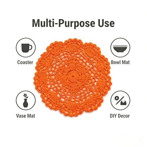 8 Round Crochet Doilies 4Pcs, Cotton Floral Lace Placemats, Handmade Embroidered Coasters for Table Furniture Wedding Decor (Orange)