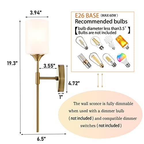 Gold Wall Sconce Set of 2 with White Cylinder Glass Shades Modern Mid Century Bathroom Vanity Wall Light Fixtures Industrial Brushed Brass Wall Lamp for Bedroom Mirror Living Room Restaurant