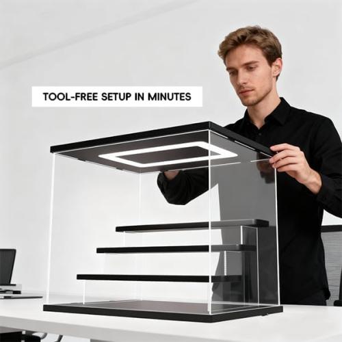 Clear Acrylic Display Case with LED Light, 4 Tier Dustproof Showcase for Collectibles, Figures & Model Cars, Stackable Display Box (White, 12x8x11 in)