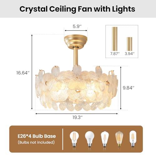 Size 20'' Fandelier Ceiling Fans with Lights, Gold Caged Ceiling Fan with Remote Low Profile, 6 Speed and Petal, Modern Semi Flush Mount Ceiling Fan for Bedroom, Living Room, Nursery